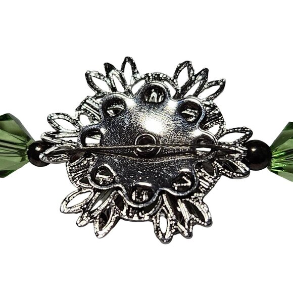 Vintage Green Crystal Faux Pearl Beaded Bracelet Silver Floral Clasp Jewelry - Picture 5 of 6